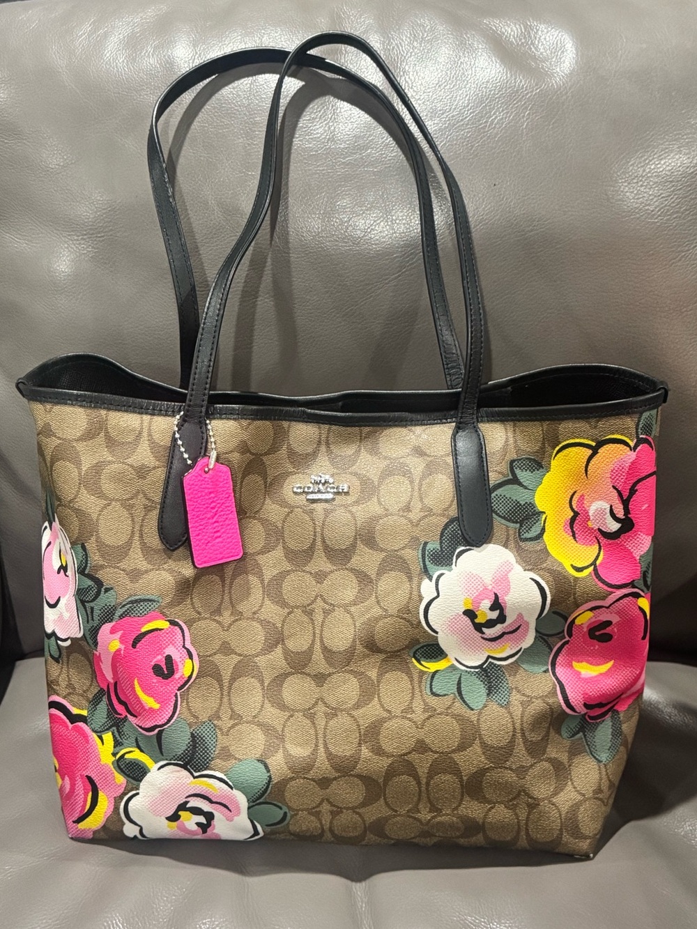 Coach Brown Signature Tote with Pink and Yellow Floral Accents